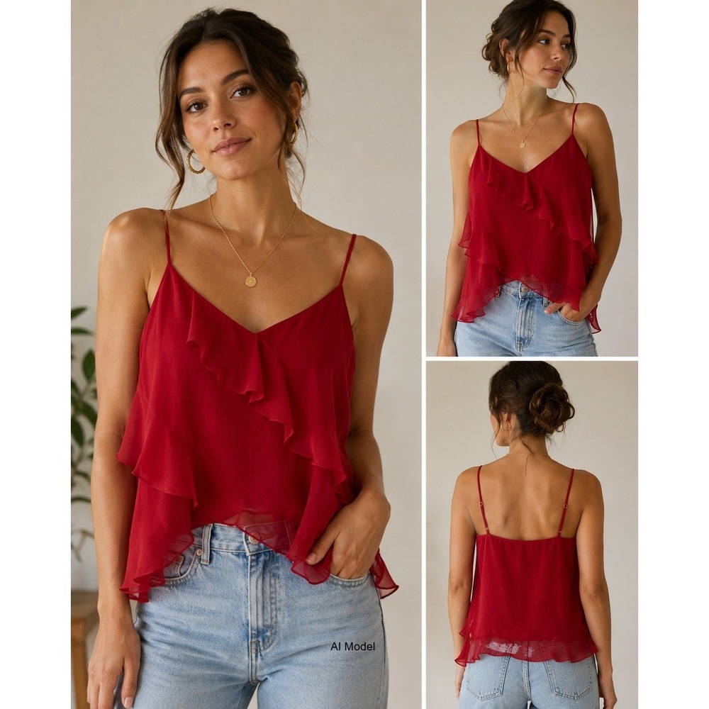 Elodie Red Ruffle Cami Tank Top Large Layered Chiffon Asymmetrical Hem Fairy